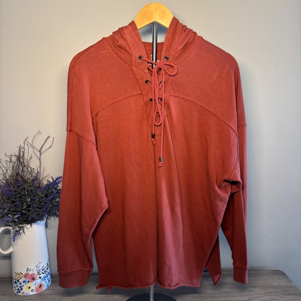 Aerie Lace Up Hoodie Terracotta Rust Oversized Sweatshirt XS